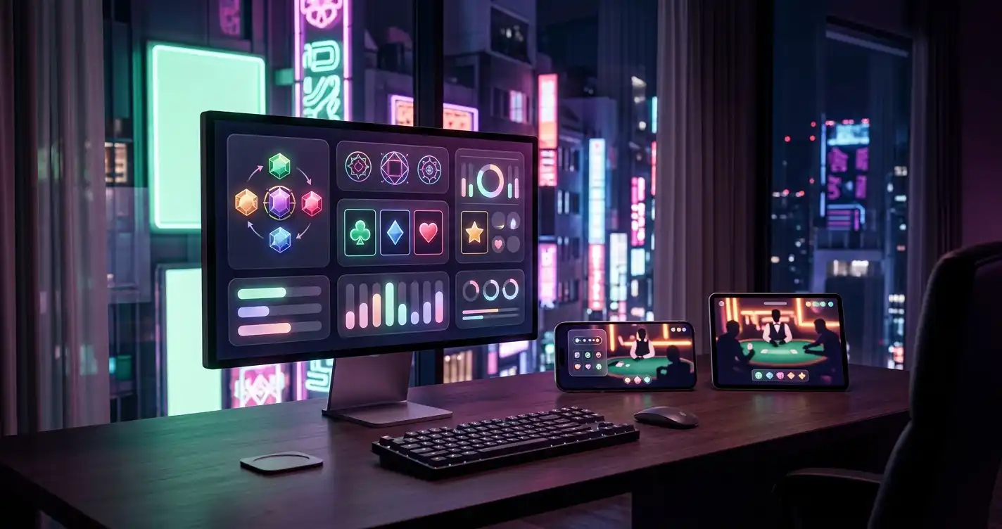 Neon-lit Tokyo-inspired gaming desk with abstract slot and live-table screens