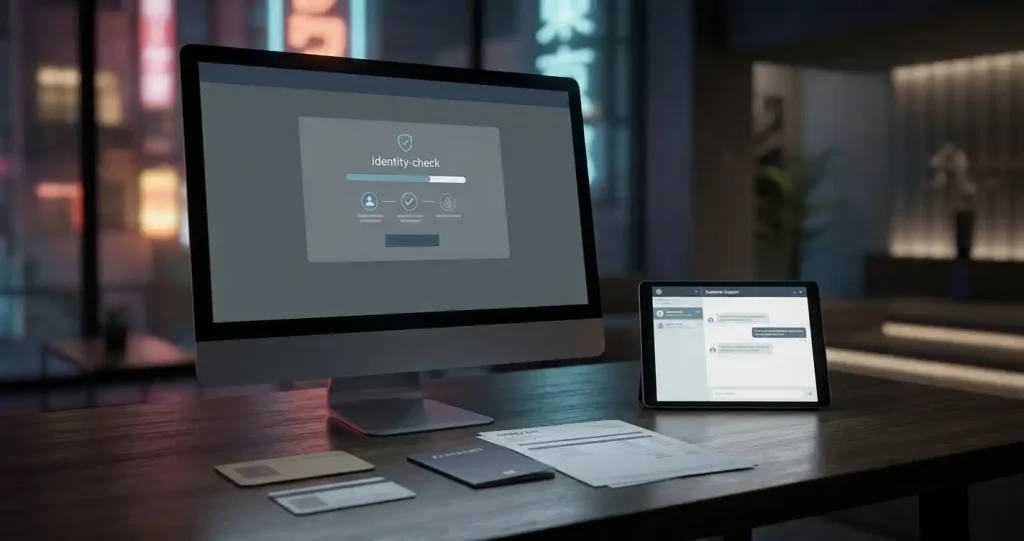 Generic identity documents beside a secure casino account screen and support chat interface
