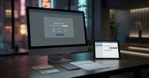 Generic identity documents beside a secure casino account screen and support chat interface