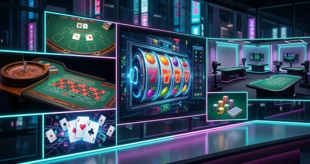 Casino game montage with slot reels, table-game layouts and a live-dealer studio in a neon Tokyo-inspired setting