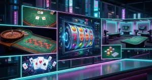 Casino game montage with slot reels, table-game layouts and a live-dealer studio in a neon Tokyo-inspired setting