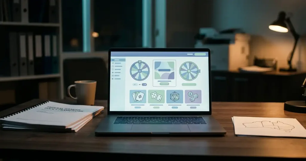 Laptop with a generic casino interface beside Australian digital-policy documents on a desk