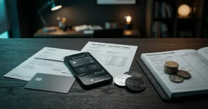 Payment desk with a bank card, digital wallet, bank-transfer document and generic crypto tokens beside an Australian-dollar ledger