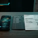 Cash-out desk with an Australian-dollar ledger, digital wallet, bank transfer sheet, crypto tokens and identity-check documents