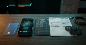 Cash-out desk with an Australian-dollar ledger, digital wallet, bank transfer sheet, crypto tokens and identity-check documents